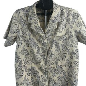 Denim&Co Ivory Shirt with Navy Floral Print Women’s Shirt SzM Cottagecore